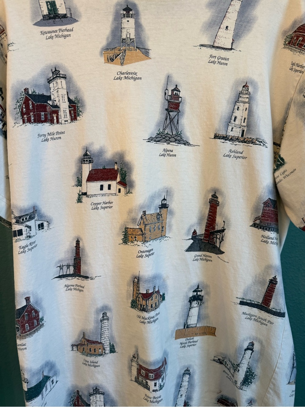 Vintage 90s Art Unlimited Great Lakes Lighthouse AOP Tee XL USA Nautical Beach - Picture 4 of 8